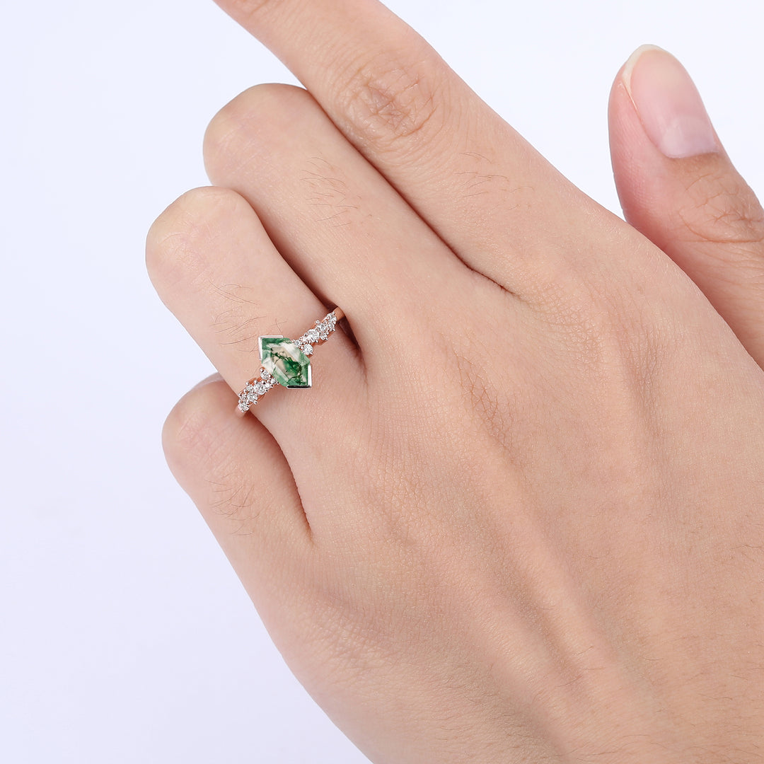 Artsy Elongated Hexagon Cut Moss Agate Engagement Ring Promise Bridal Ring