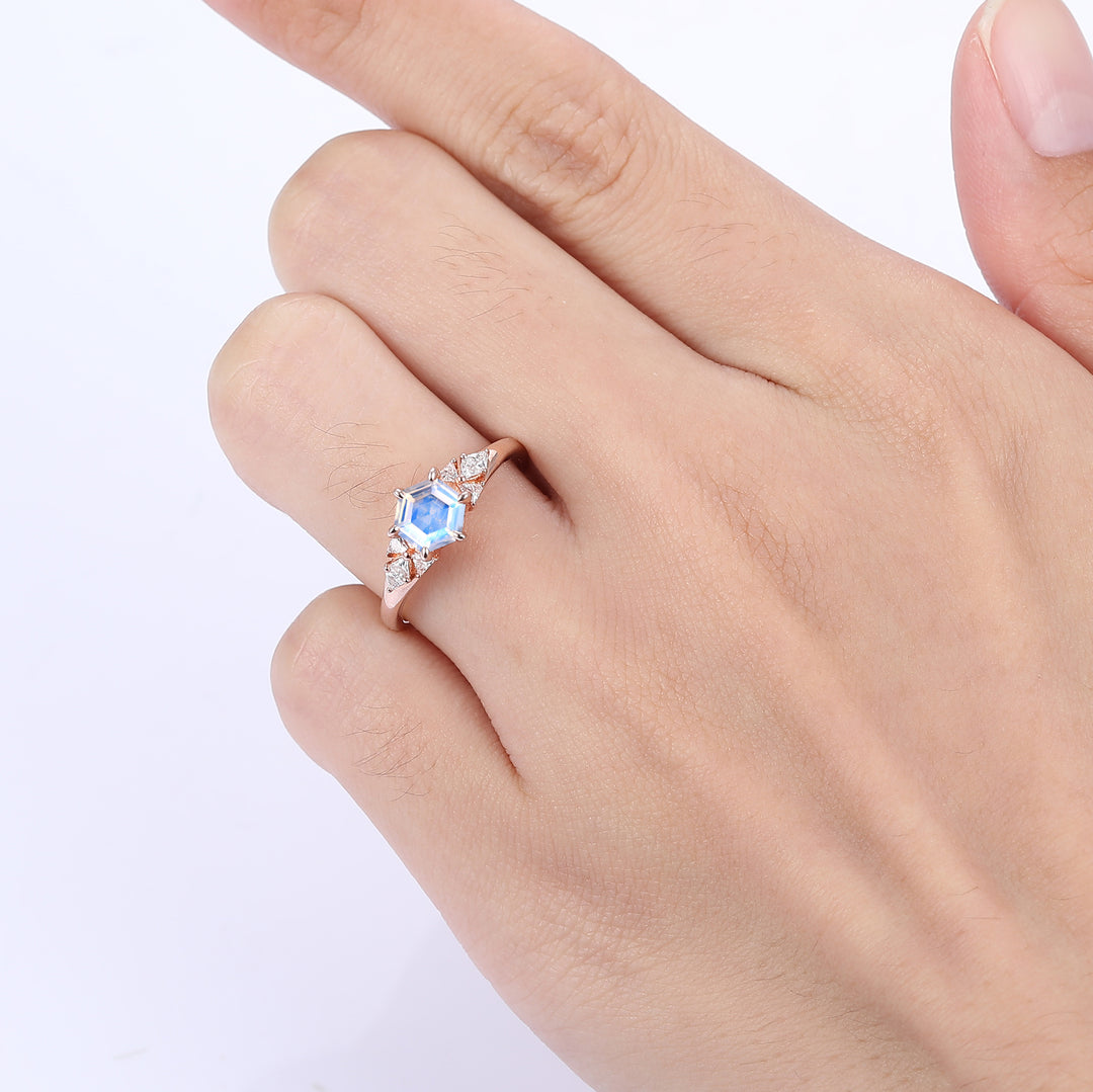 Dainty Hexagon Cut Moonstone Engagement Ring Triangle Moissanite Inlay Anniversary Ring