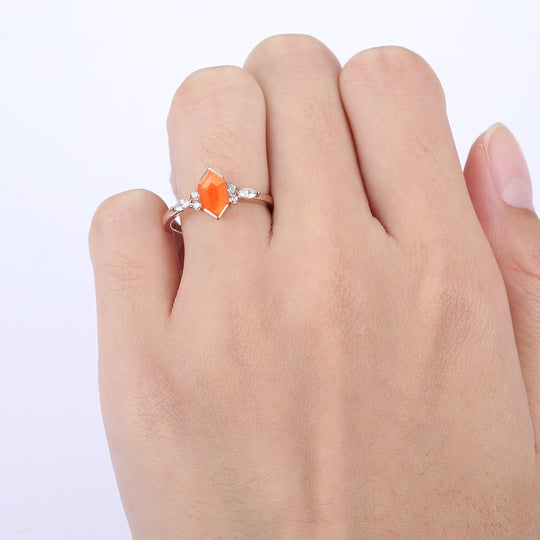 Brilliant Long Hexagon Cut Sunstone Ring Moissanite Inlay Engraving Ring