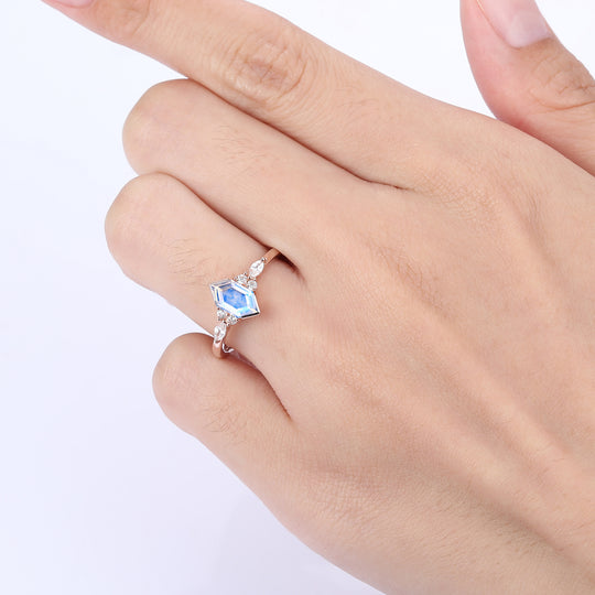 Minimalist Long Hexagon Cut Moonstone Ring Moissanite Inlay Engraving Ring