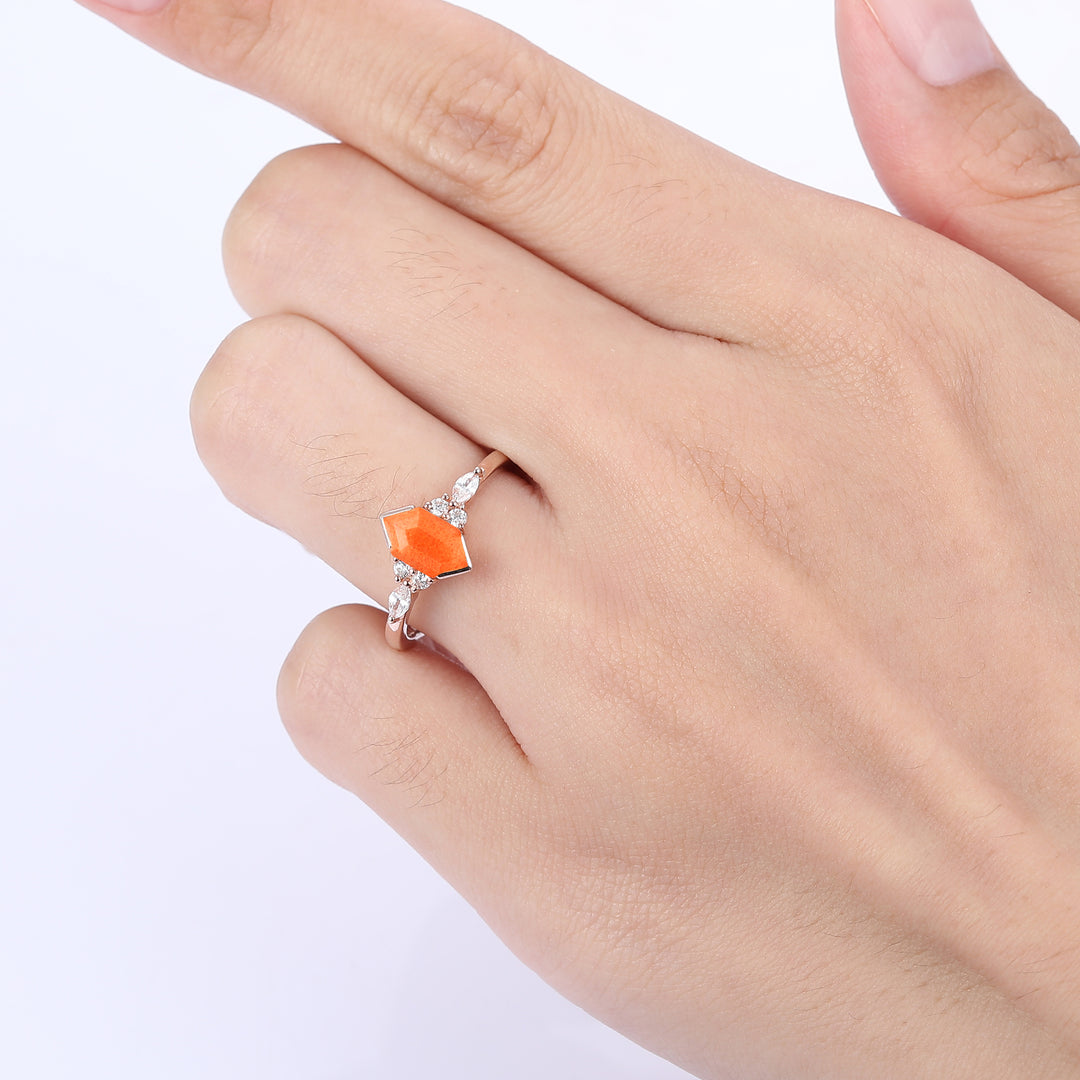 Brilliant Long Hexagon Cut Sunstone Ring Moissanite Inlay Engraving Ring