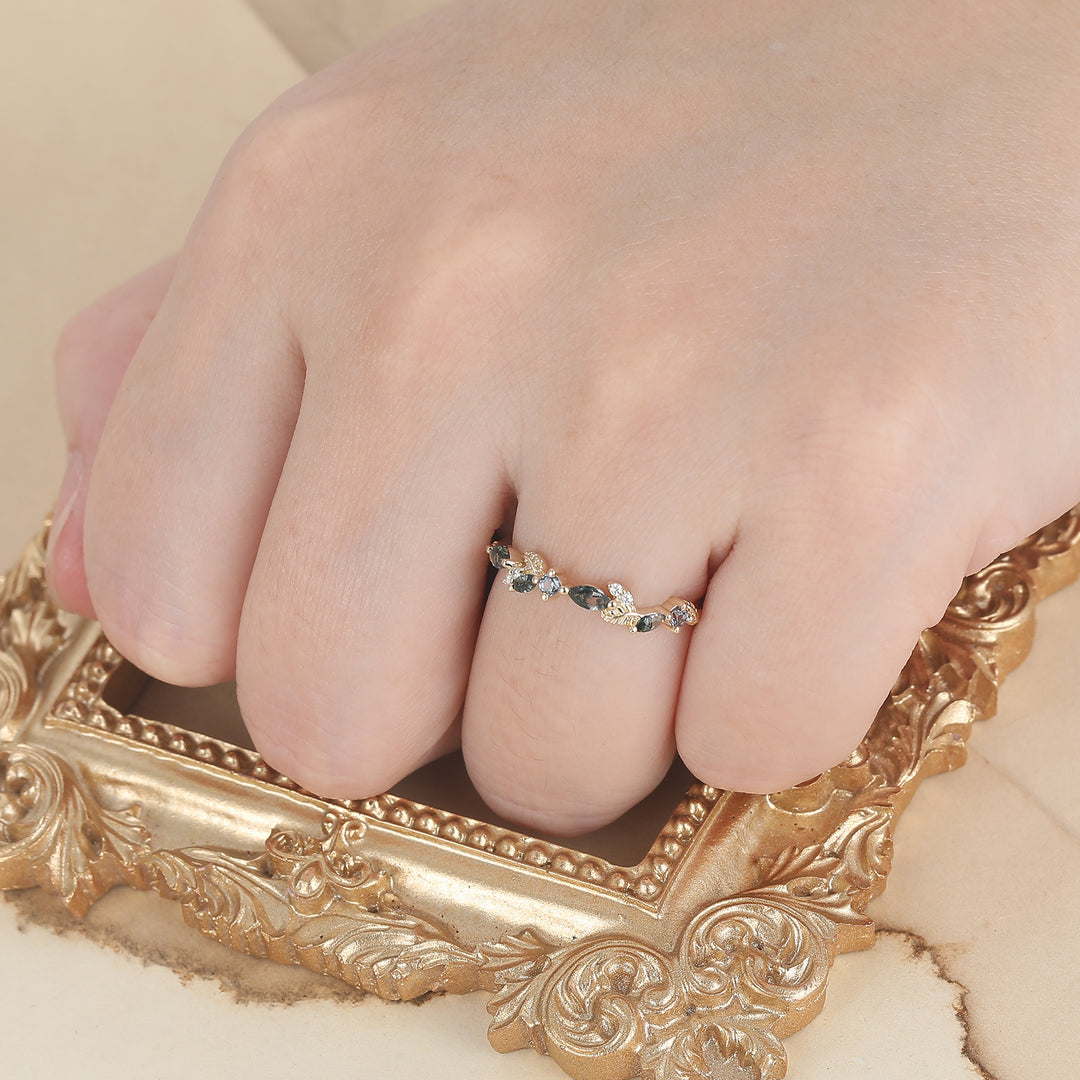 Leaf Style Moss Agate Alexandrite Wedding Band Yellow Gold Bridal Ring Band