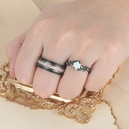 Pink White Opal Leaf Matching Engagement and Wedding Rings Black Plated Unique Couple Rings -  Esdomera.com