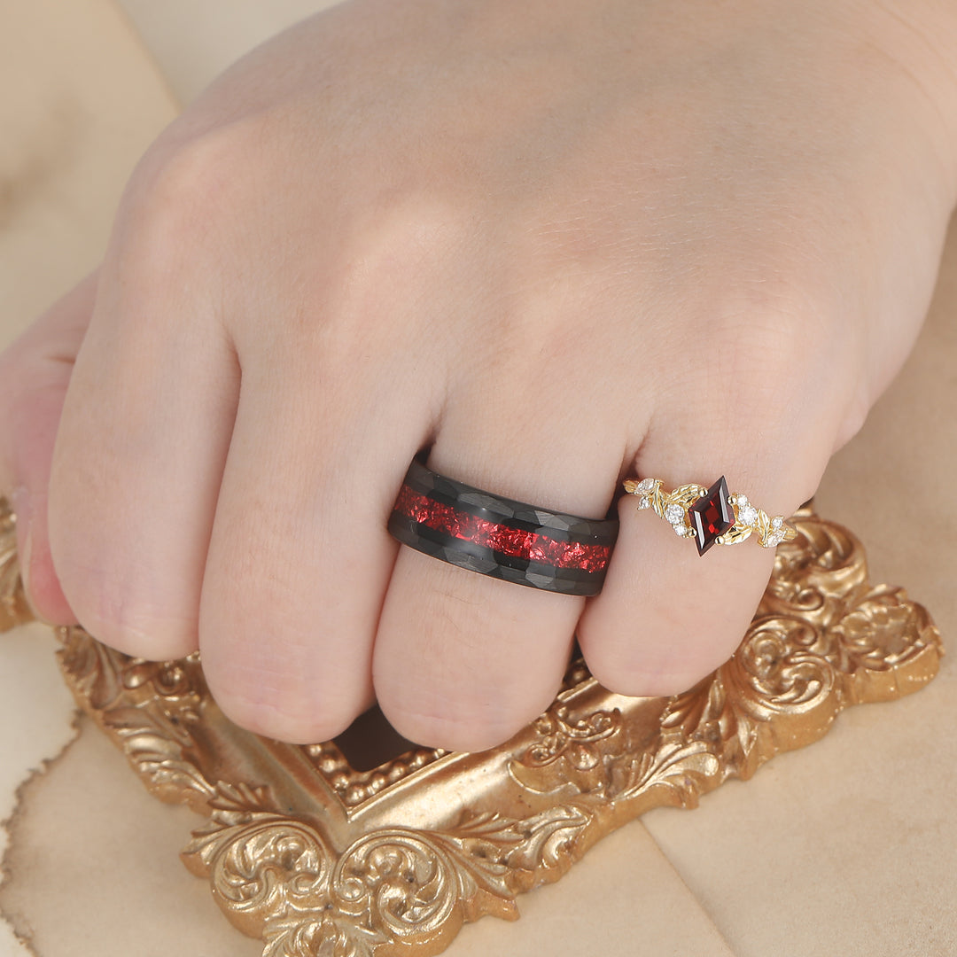 Exquisite Rhombus Cut Yellow Gold Red Garnet Couple Ring Set Leaf Inspired His And Hers Rings -  Esdomera.com