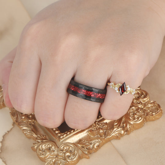 Exquisite Rhombus Cut Yellow Gold Red Garnet Couple Ring Set Leaf Inspired His And Hers Rings -  Esdomera.com