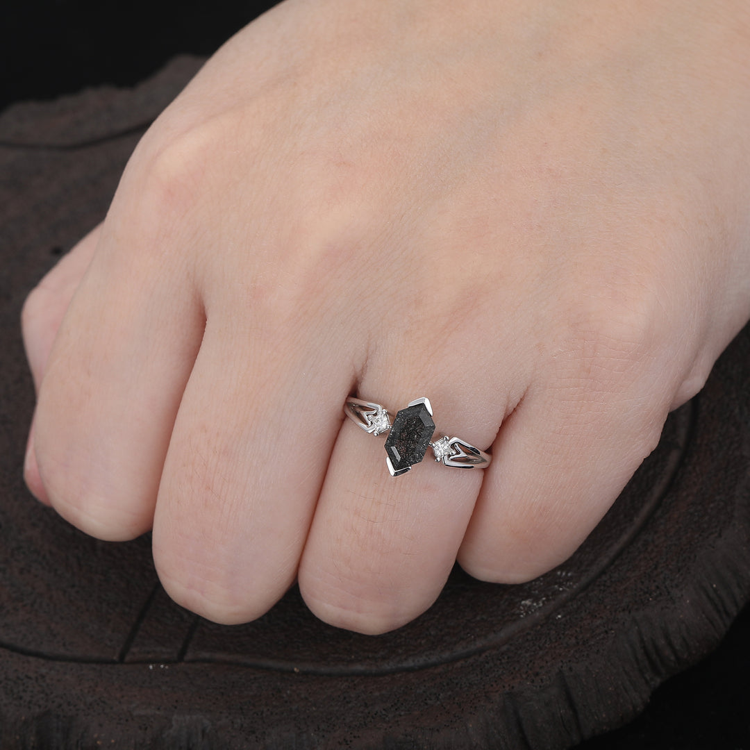 Anillo de Plata con Promesa de Eternidad Media Único de Cuarzo Rutilado Negro Natural con Diamante