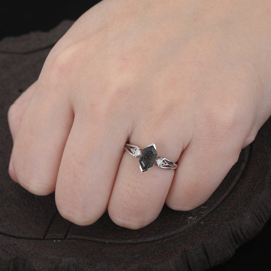 Anillo de Plata con Promesa de Eternidad Media Único de Cuarzo Rutilado Negro Natural con Diamante
