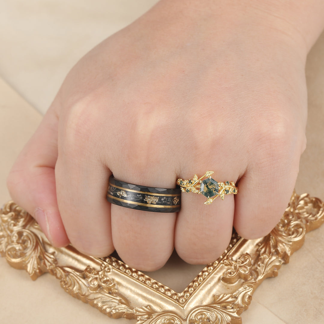 Leaf Inspired Hexagon Cut Natural Moss Agate Couple Rings Silver And Tungsten Wedding Rings