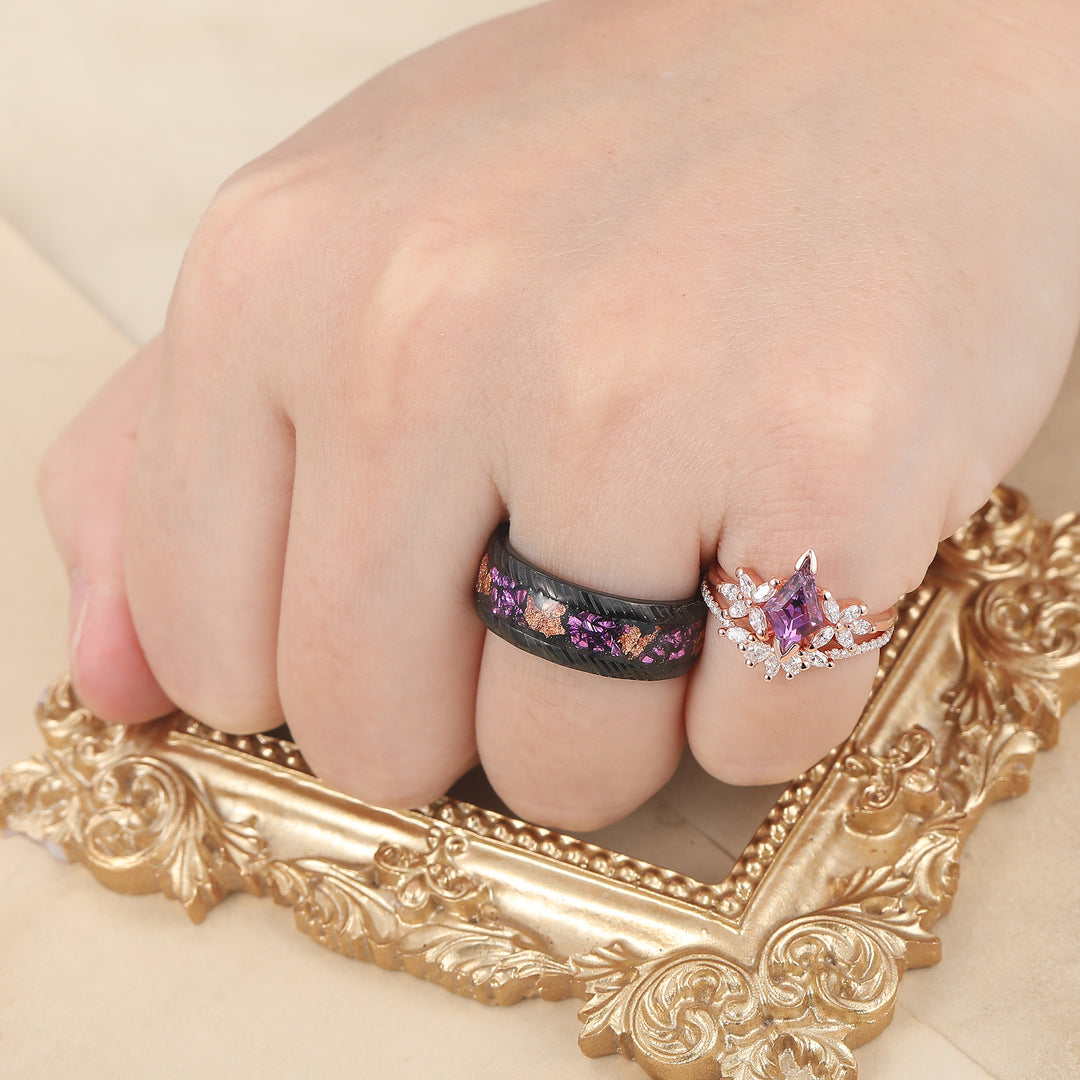 Retro Petal Amethyst Engagement Couples Ring Set S925 And Damascus Steel His and Hers Promise Band