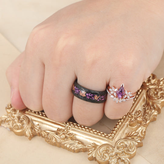 Retro Petal Amethyst Engagement Couples Ring Set S925 And Damascus Steel His and Hers Promise Band