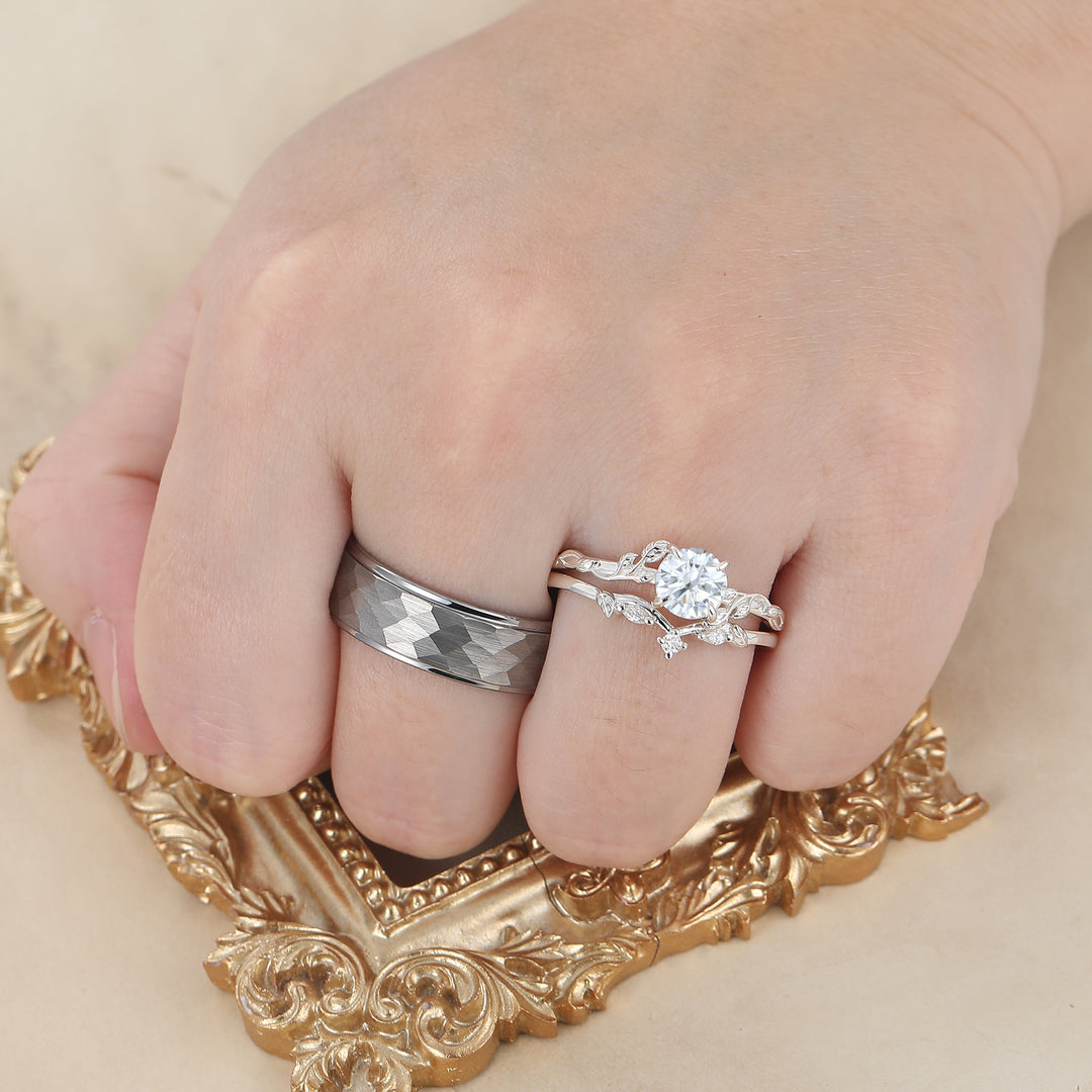 Leaf Style Moissanite Couple Ring Set Marriage Ring Set His And Hers Matching Rings