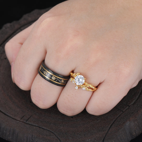 Blatt-Design Rundes Moissanit-Paar-Ring-Set Versprechensringe Für Ihn Und Sie