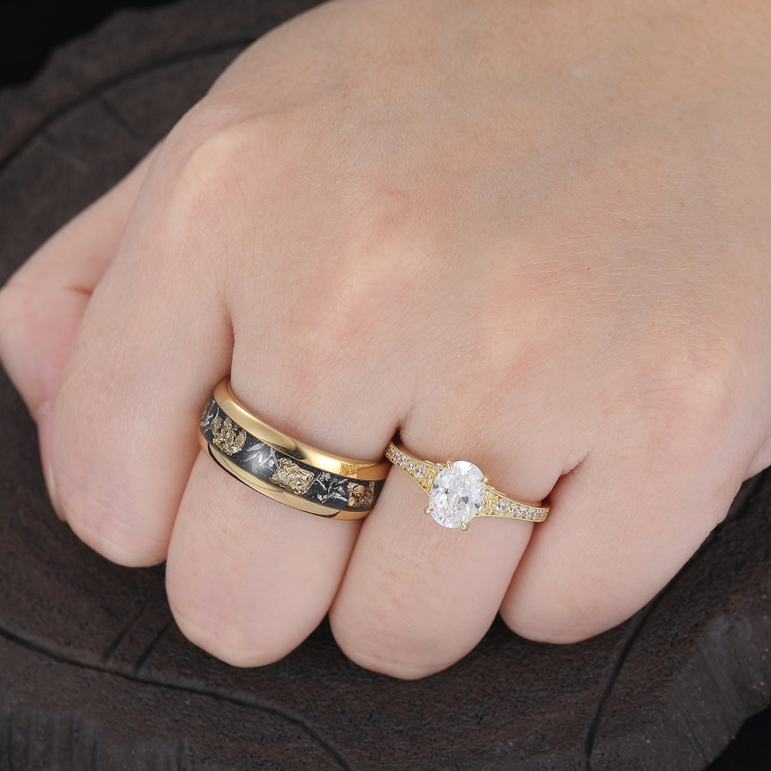 Brillant-Milgrain-Moissanit-Paarringe, Silber und Wolfram – Goldplattiertes Ringset
