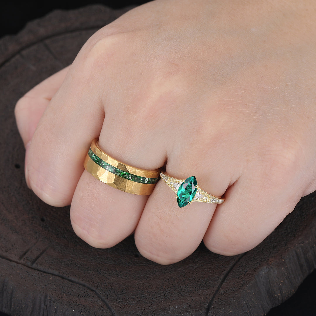 Exquisite Milgrained Marquise Emerald Half Eternity Couple Rings Gold Plated His And Hers Rings