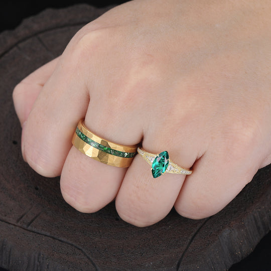 Exquisite Milgrained Marquise Emerald Half Eternity Couple Rings Gold Plated His And Hers Rings