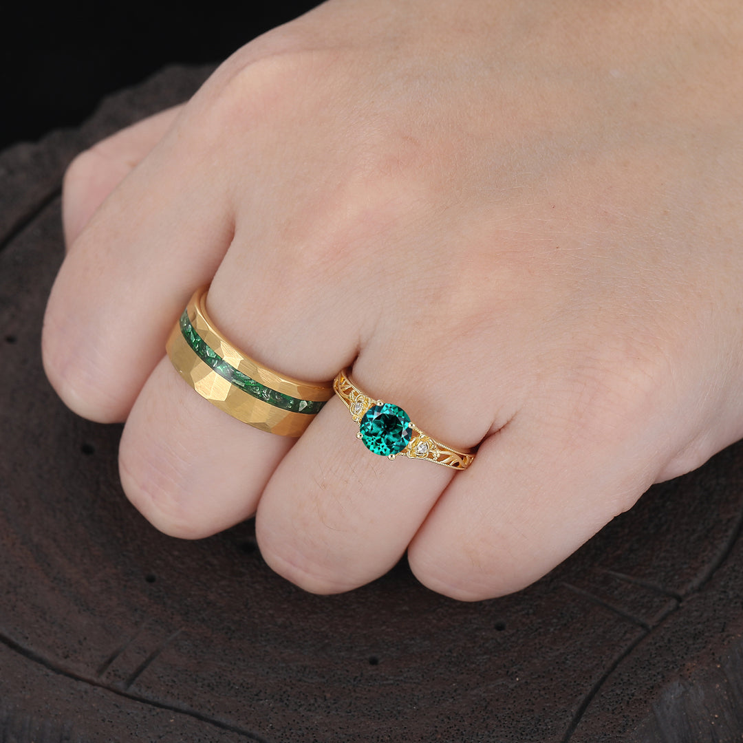 Openwork Foral Design Emerald Couple Rings Milgrained Engraved Floral His And Hers Rings