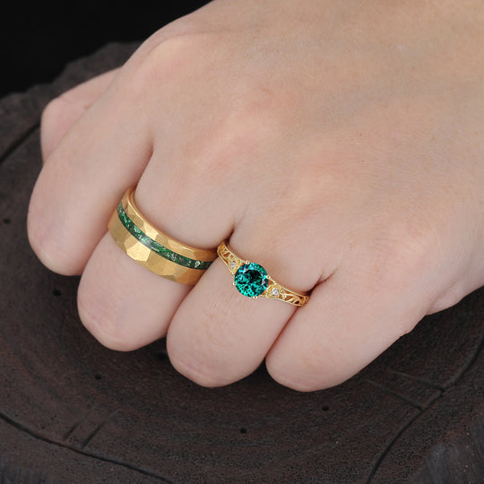 Openwork Foral Design Emerald Couple Rings Milgrained Engraved Floral His And Hers Rings