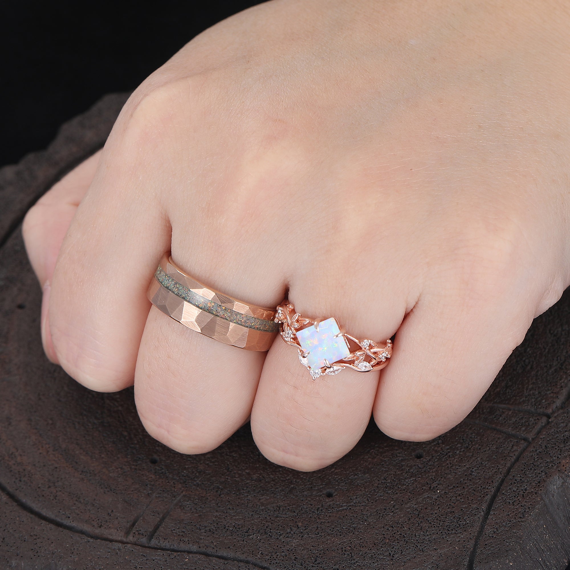 Leaf Inspired Pink White Opal Couple Rings Promise Rose Gold Plated Ma