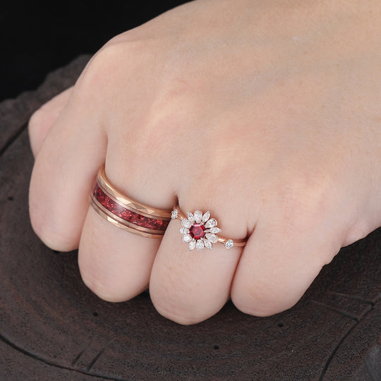 Floral Bloom Design Natural Red Garnet Couple Rings Rose Gold Plated His And Hers Rings