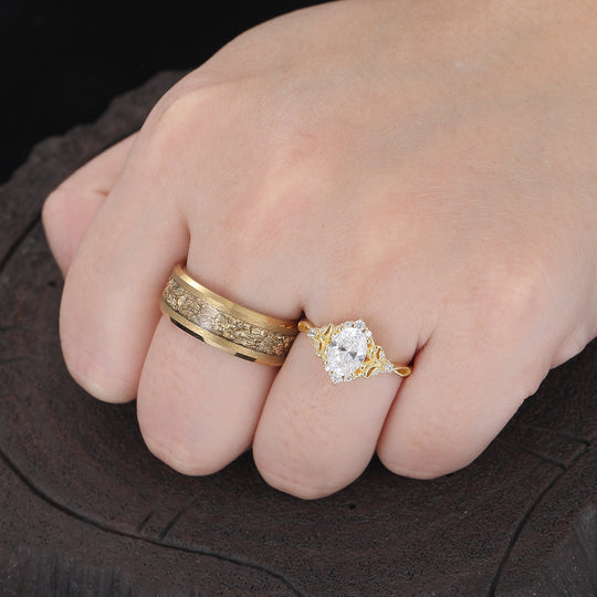 Brillante Florale Ovale Moissanit-Paarringe – Einzigartiges Goldplattiertes Ring-Set Für Paare