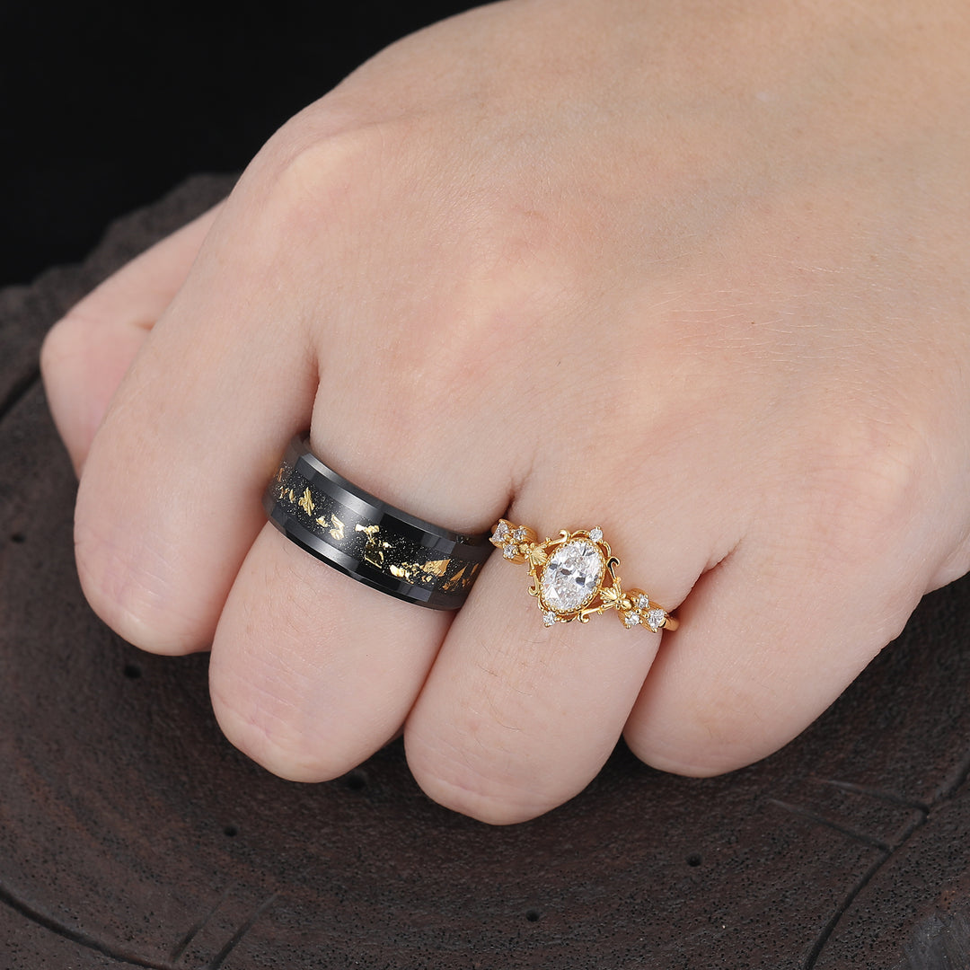 Baroque-inspired Oval Moissanite Couples Ring Dainty Yellow Gold His And Hers Matching Rings