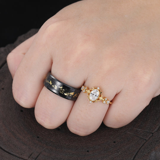 Baroque-inspired Oval Moissanite Couples Ring Dainty Yellow Gold His And Hers Matching Rings