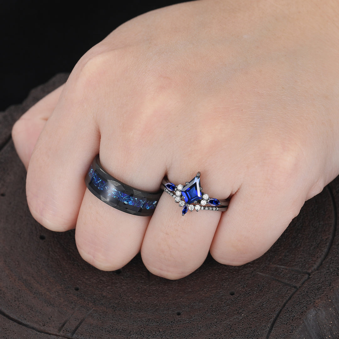 Dainty Kite Cut Sapphire Couple Ring 925 Sterling Silver And Tungsten Matching Ring