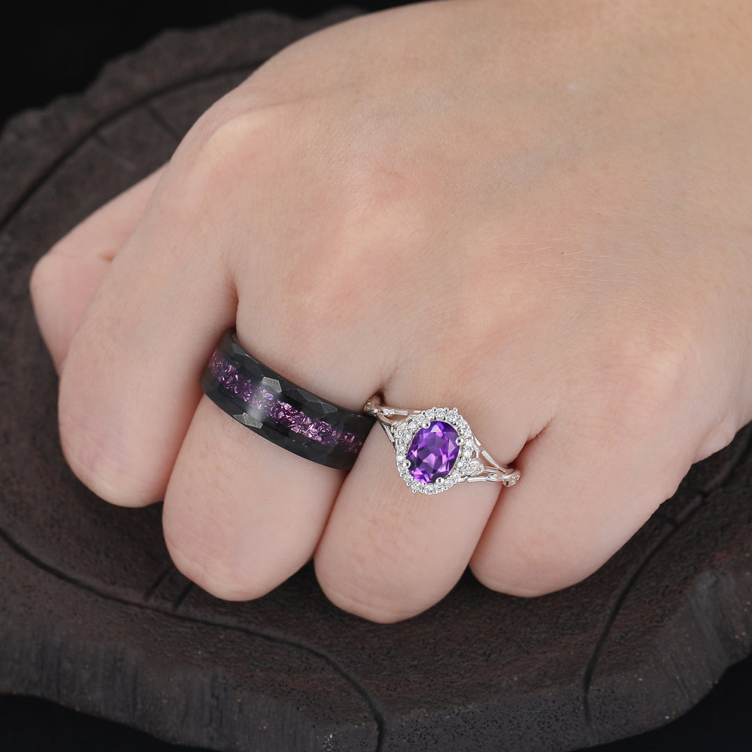 Einzigartiges Halo-Ovalschliff-Pärchenring-Set Mit Natürlichem Amethyst, S925 Und Wolfram