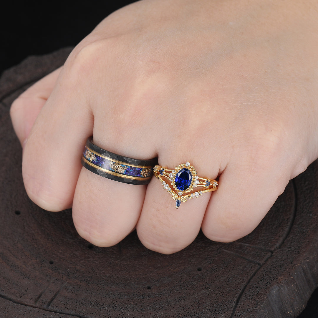 Vintage Milgrained Oval Cut Sapphire Couple Rings S925 And Tungsten Matching Rings Set