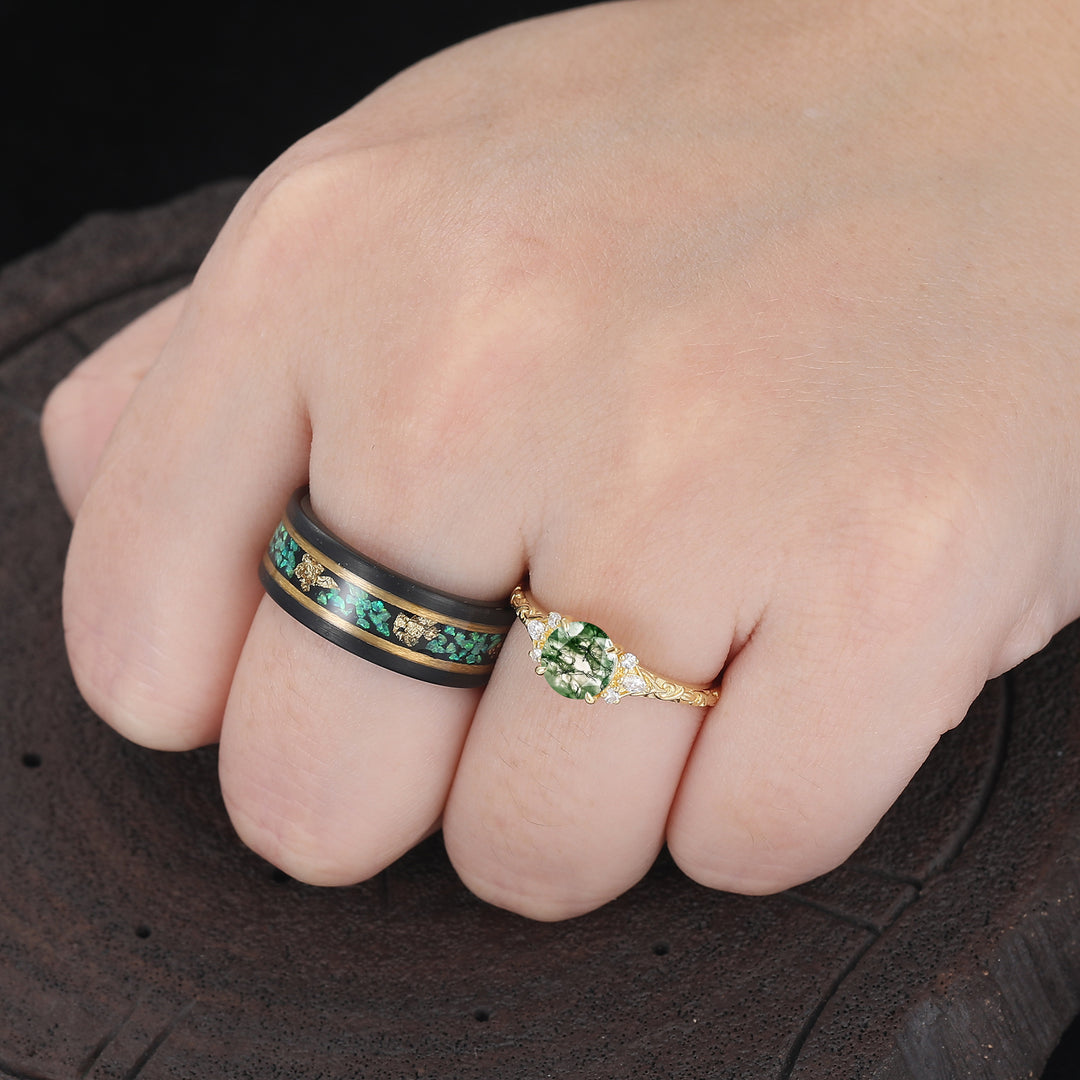 Delicate Filigreed 1CT Round Natural Moss Agate Couple Rings His And Hers Rings