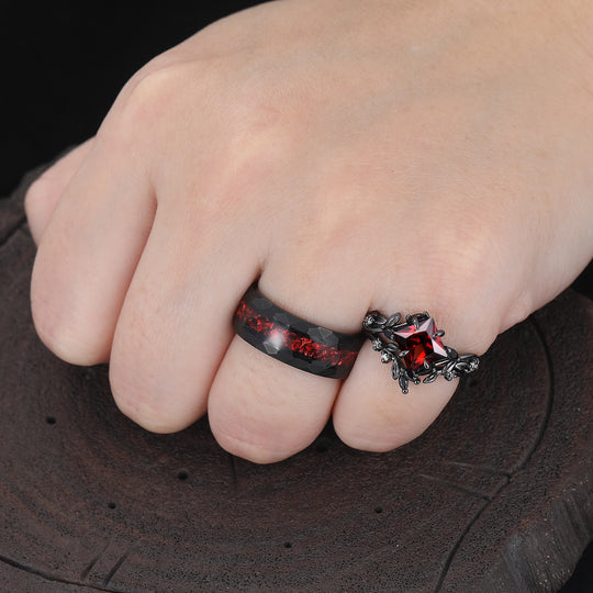 Natural Inspired Princess Cut Red Garnet Couple Ring Set Leaf Black Plated His And Hers Ring