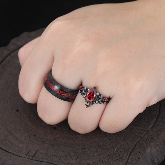 Vintage Red Garnet Leaf Flourish Couple Ring Set Black 3 Piece His and Hers Wedding Ring Sets