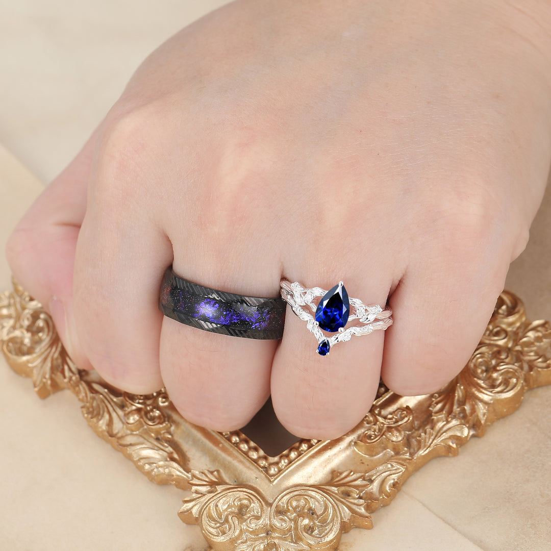 Leaf-inspired Pear Cut Sapphire His And Hers Rings Dainty Blue Gemstone Rings For Couple