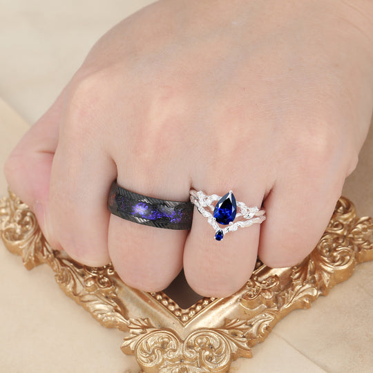 Leaf-inspired Pear Cut Sapphire His And Hers Rings Dainty Blue Gemstone Rings For Couple