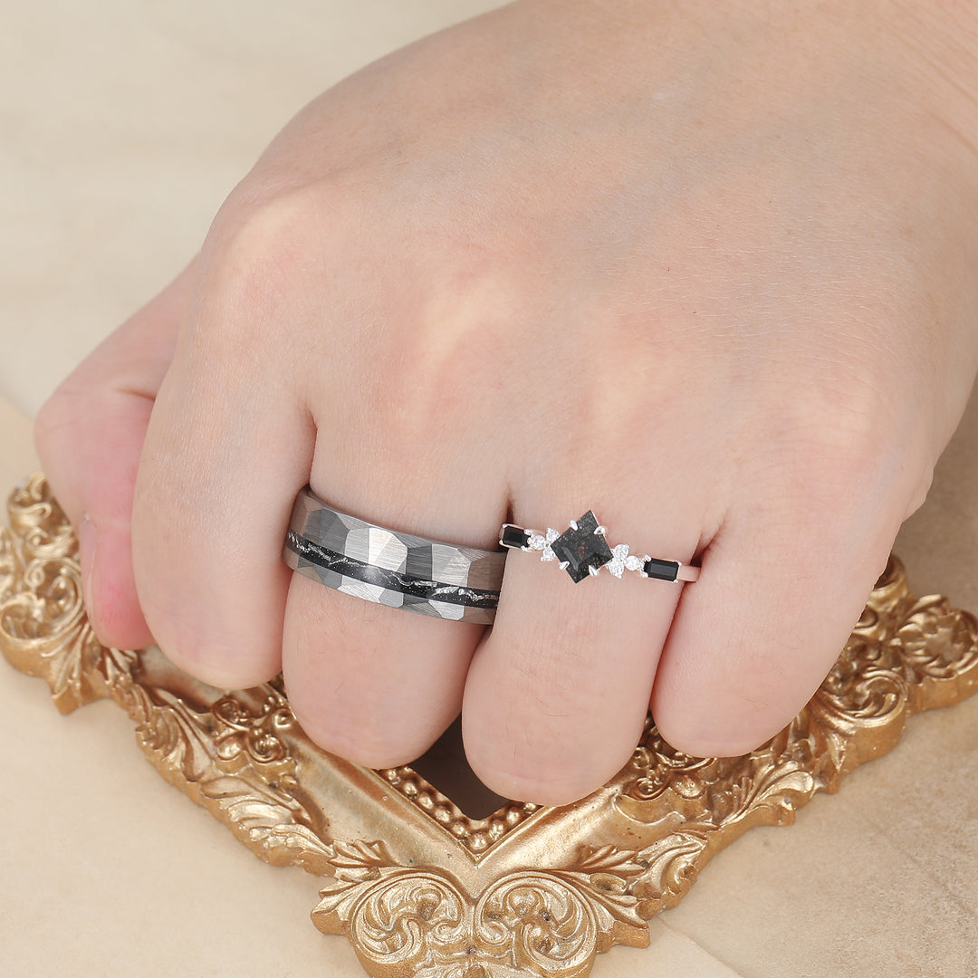 Artsy Black Rutilated Quartz Promise Rings For Couples Meteorite Tungsten Matching Ring