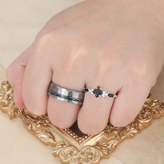 Artsy Black Rutilated Quartz Promise Rings For Couples Meteorite Tungsten Matching Ring