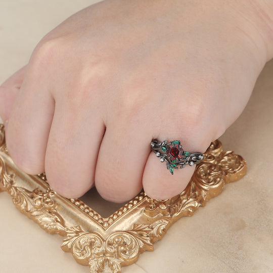 Exquisite Leaf & Vine Hexagon S925 Red Garnet Ring with Mixed Green & White Gem Accents Ring Set  Bridal Ring Set