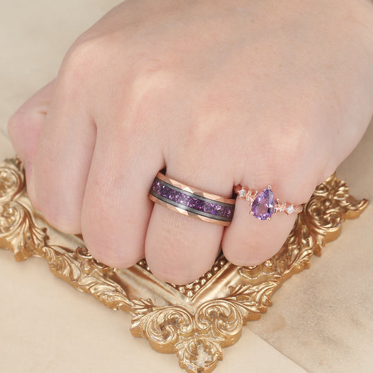 Von der Natur inspirierter Amethyst S925 und Wolfram Paar-Ring Sein und Ihr passender Band
