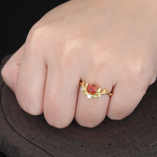 0.8 ct Leaf Vines twist 14k Solid Gold Round Cut Natural Orange Garnet Promise Ring -  Esdomera.com