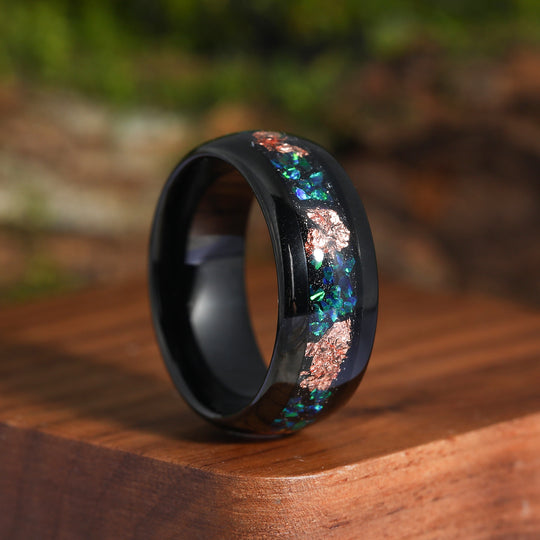 Unique Peacock Green Opal Gold Foil Tungsten Promise Ring Men’s Anniversary Ring