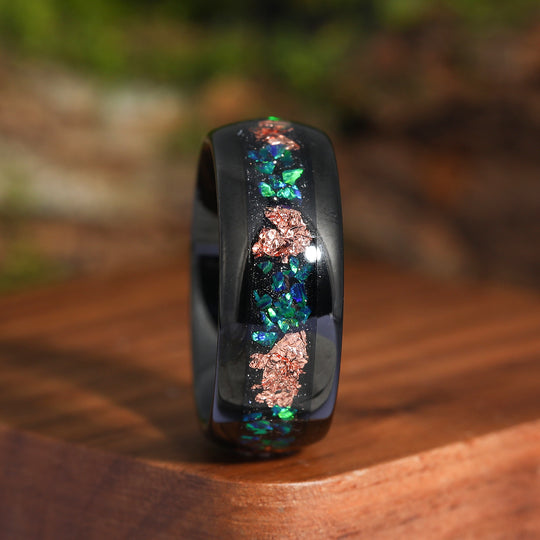 Unique Peacock Green Opal Gold Foil Tungsten Promise Ring Men’s Anniversary Ring