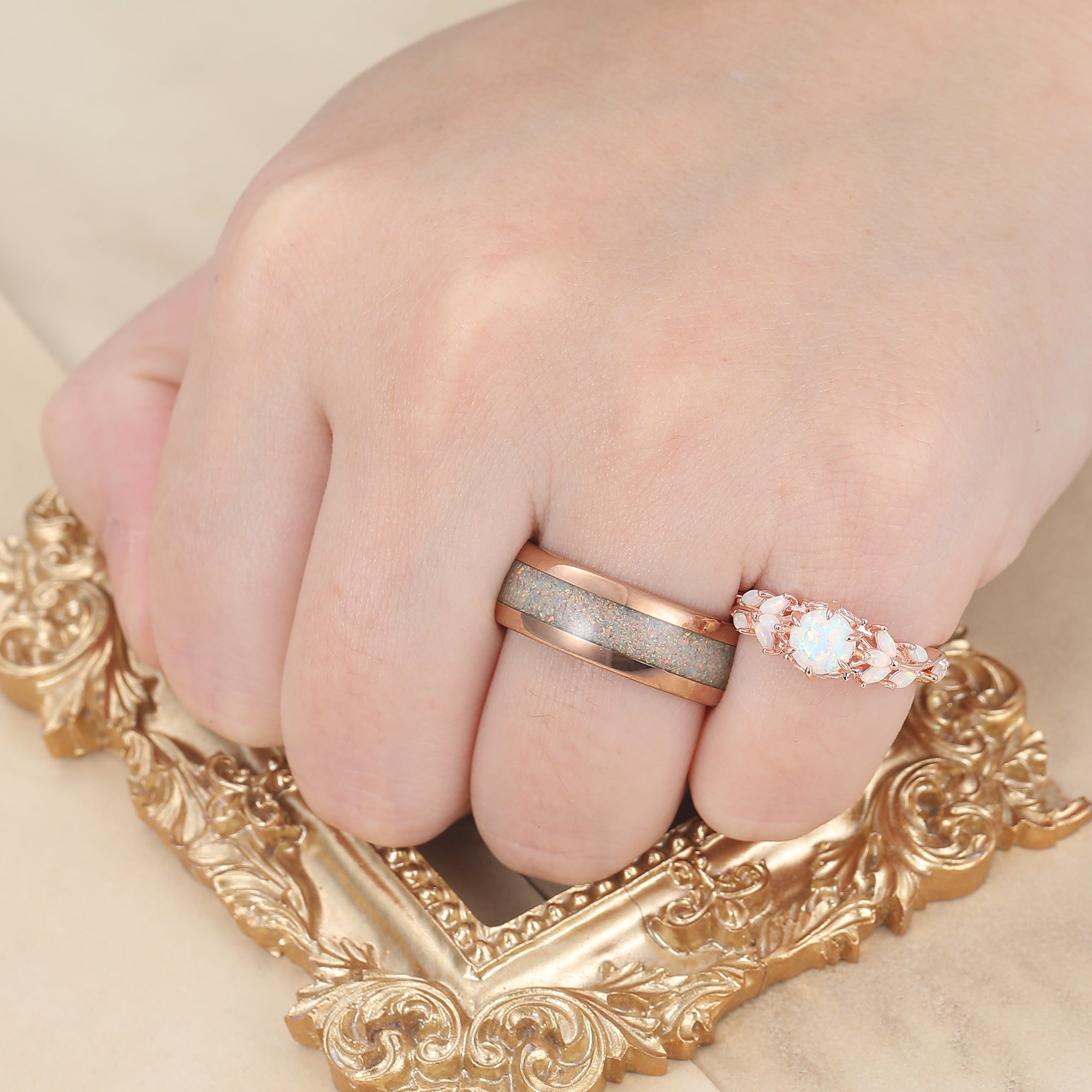 Leaf Design Pink White Opal Couples Ring Set Rose Gold Plated