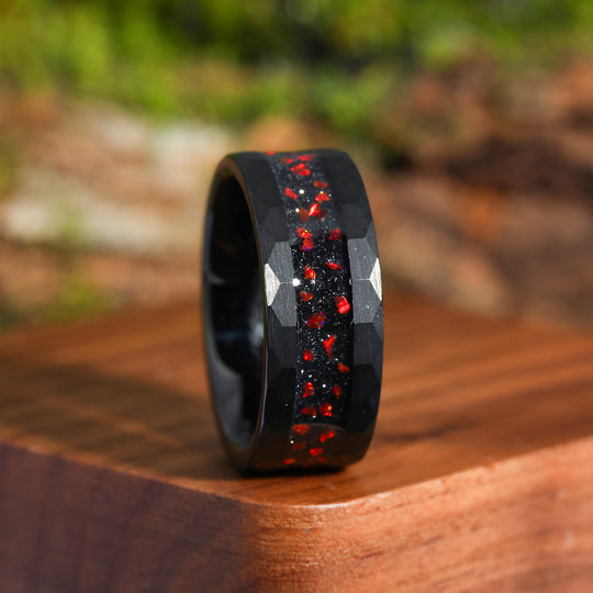 Unique Blue Sandstone Red Fire Opal Unisex Promise Rings Hammered Red Black Men's Tungsten Ring