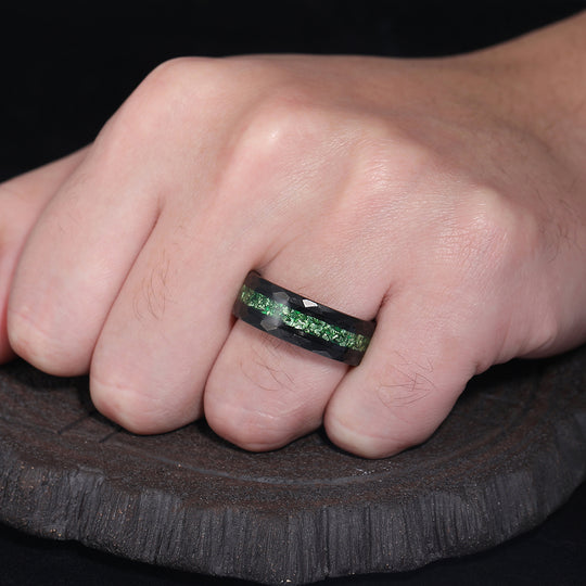 Stylish Hammered Emerald Mens Engagement Tungsten Band 8mm Unisex Ring Birthday Anniversary Ring