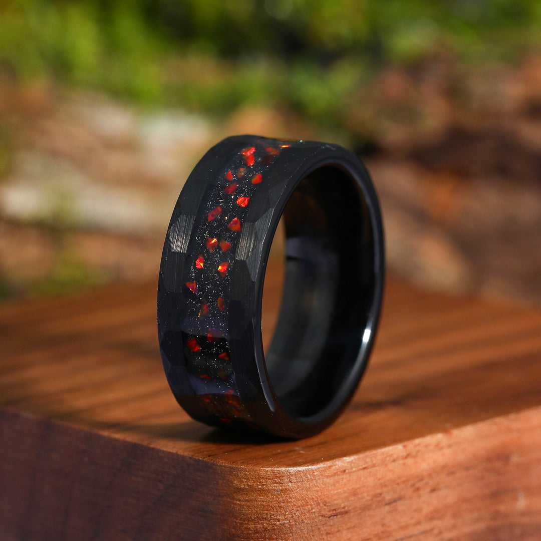 Unique Blue Sandstone Red Fire Opal Unisex Promise Rings Hammered Red Black Men's Tungsten Ring