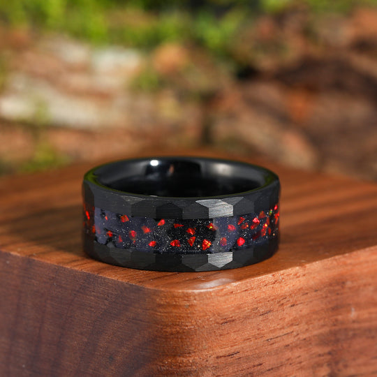 Unique Blue Sandstone Red Fire Opal Unisex Promise Rings Hammered Red Black Men's Tungsten Ring