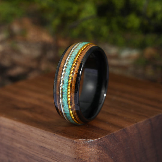 Green Opal Ring Guitar String Whiskey Barrel Mens Tungsten Wood Inlay Promise Men Ring Gift