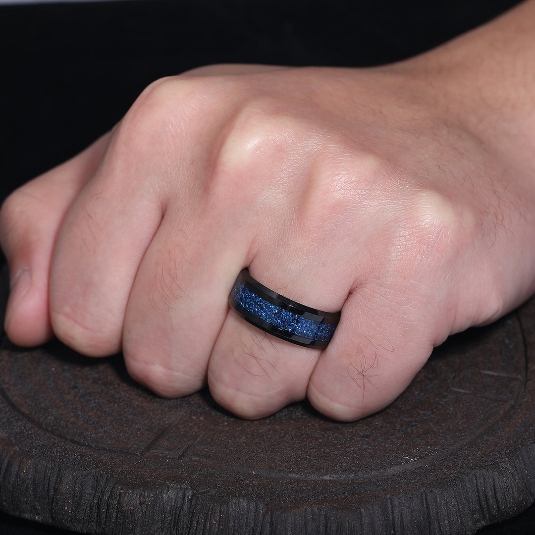 Stylish Crushed Blue Sandstone Tungsten Wedding Band Promise Polished Beveled Edge Black Ring for Men and Women