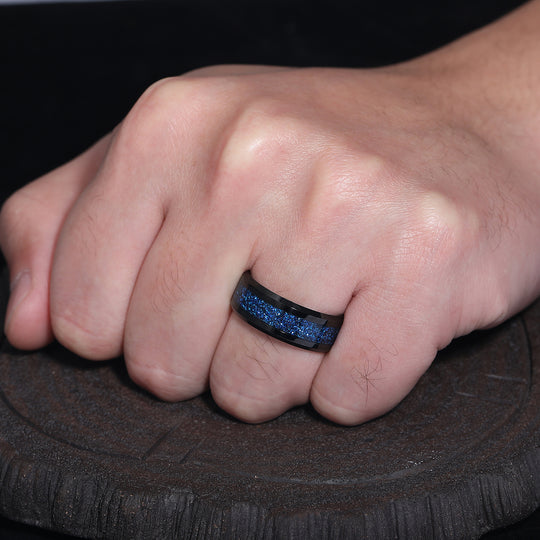 Stylish Crushed Blue Sandstone Tungsten Wedding Band Promise Polished Beveled Edge Black Ring for Men and Women