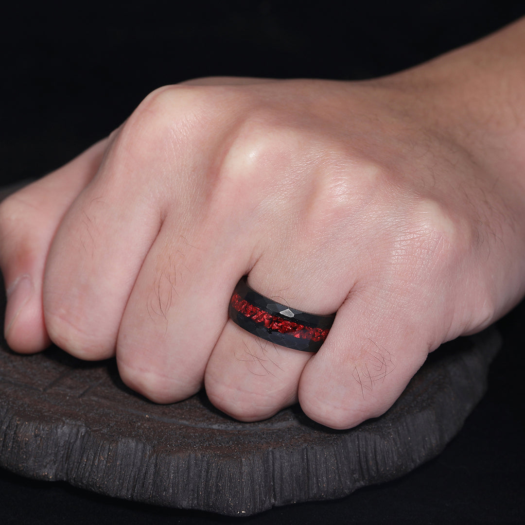 Crushed Red Ruby Black Men's Tungsten Wedding Band 8mm Hammered Ring Unique Promise Ring For Him